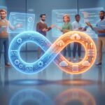 개발(Dev)과 운영(Ops)이 연결된 데브옵스 무한루프 심볼과 협업하는 팀원들