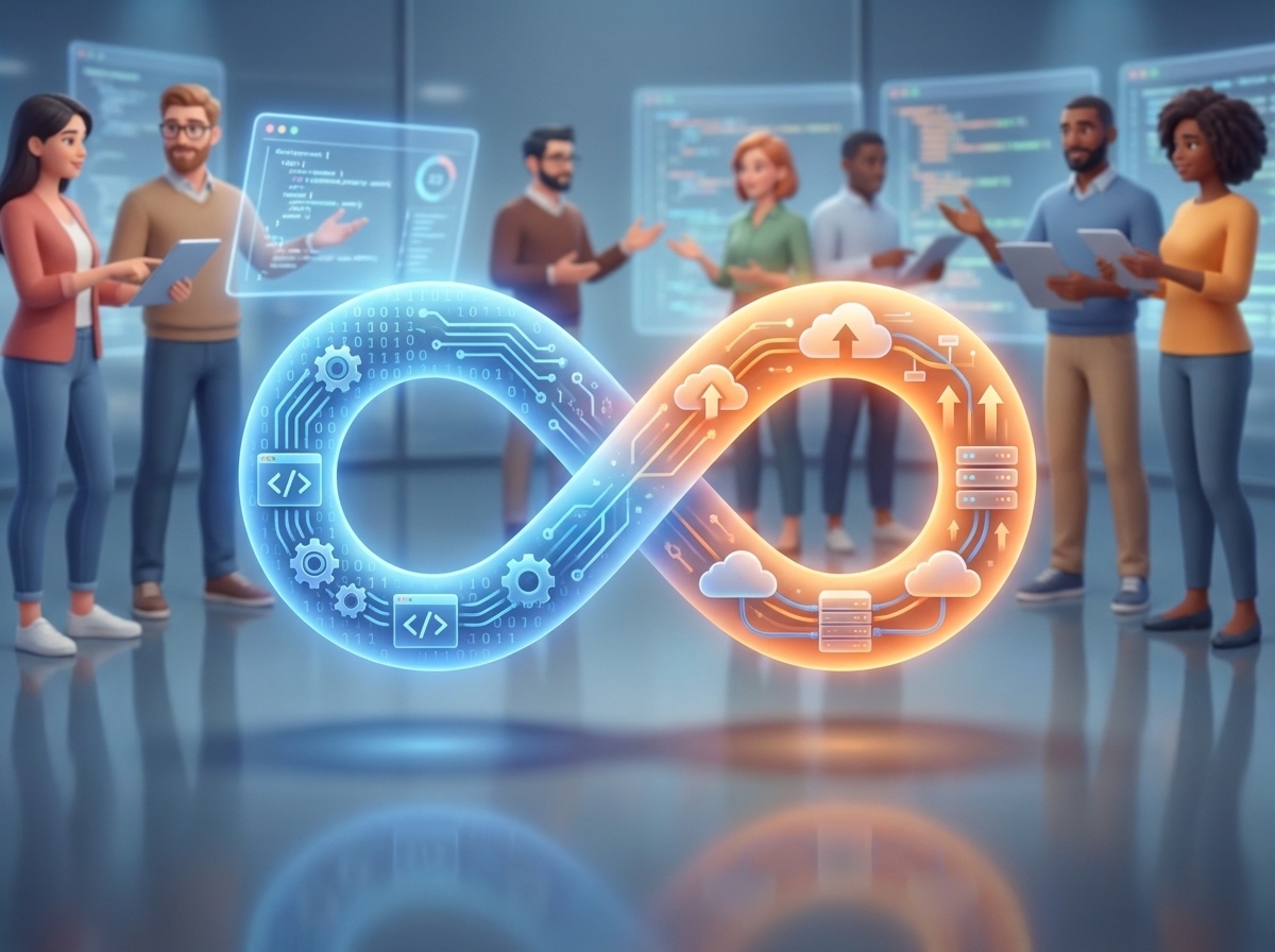 개발(Dev)과 운영(Ops)이 연결된 데브옵스 무한루프 심볼과 협업하는 팀원들