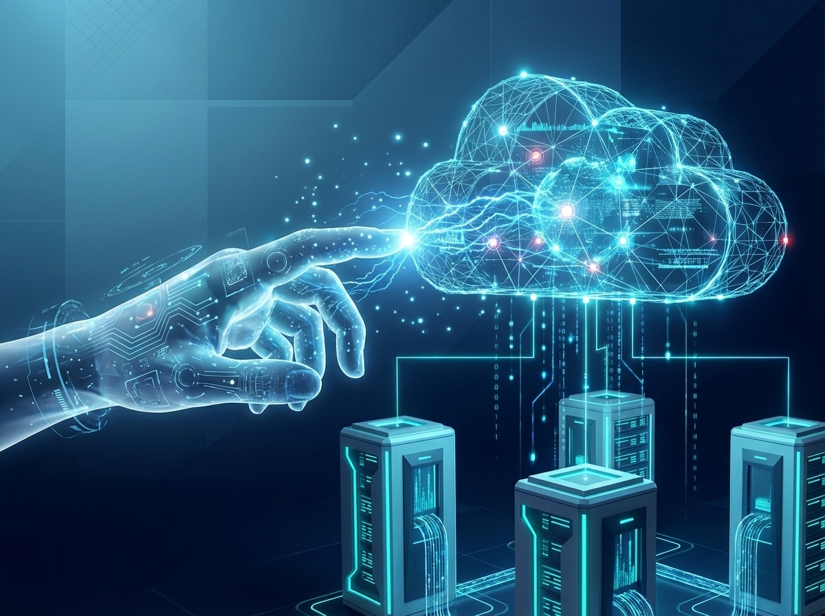 구름 모양의 디지털 네트워크와 연결된 서버 아키텍처를 설계하는 엔지니어의 손