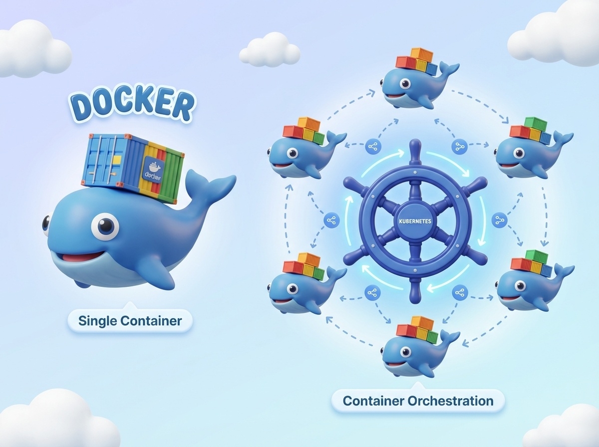 도커 고래 로고 위에 컨테이너가 실려있고, 쿠버네티스 조타수가 이를 지휘하는 일러스트