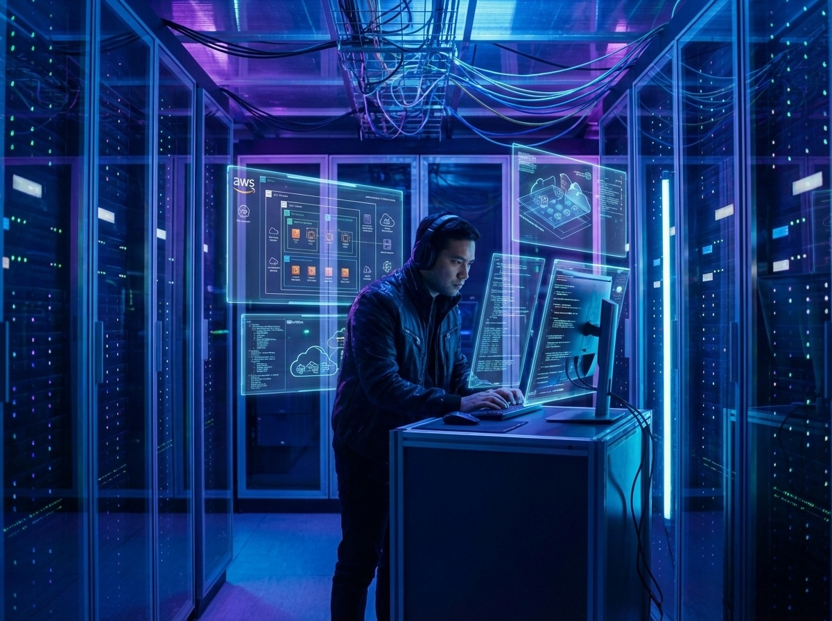 클라우드 서버실을 배경으로 미래지향적인 코딩 작업을 하는 개발자